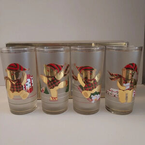 Vintage Frosted Culver 22kt Gold Holiday Yule Bear Shammed Highballs x 4